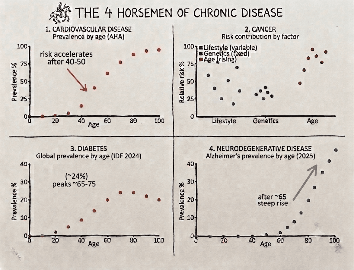 Four-quadrant chart titled The 4 Horsemen of Chronic Disease showing prevalence by age for cardiovascular disease, cancer, diabetes, and neurodegenerative disease